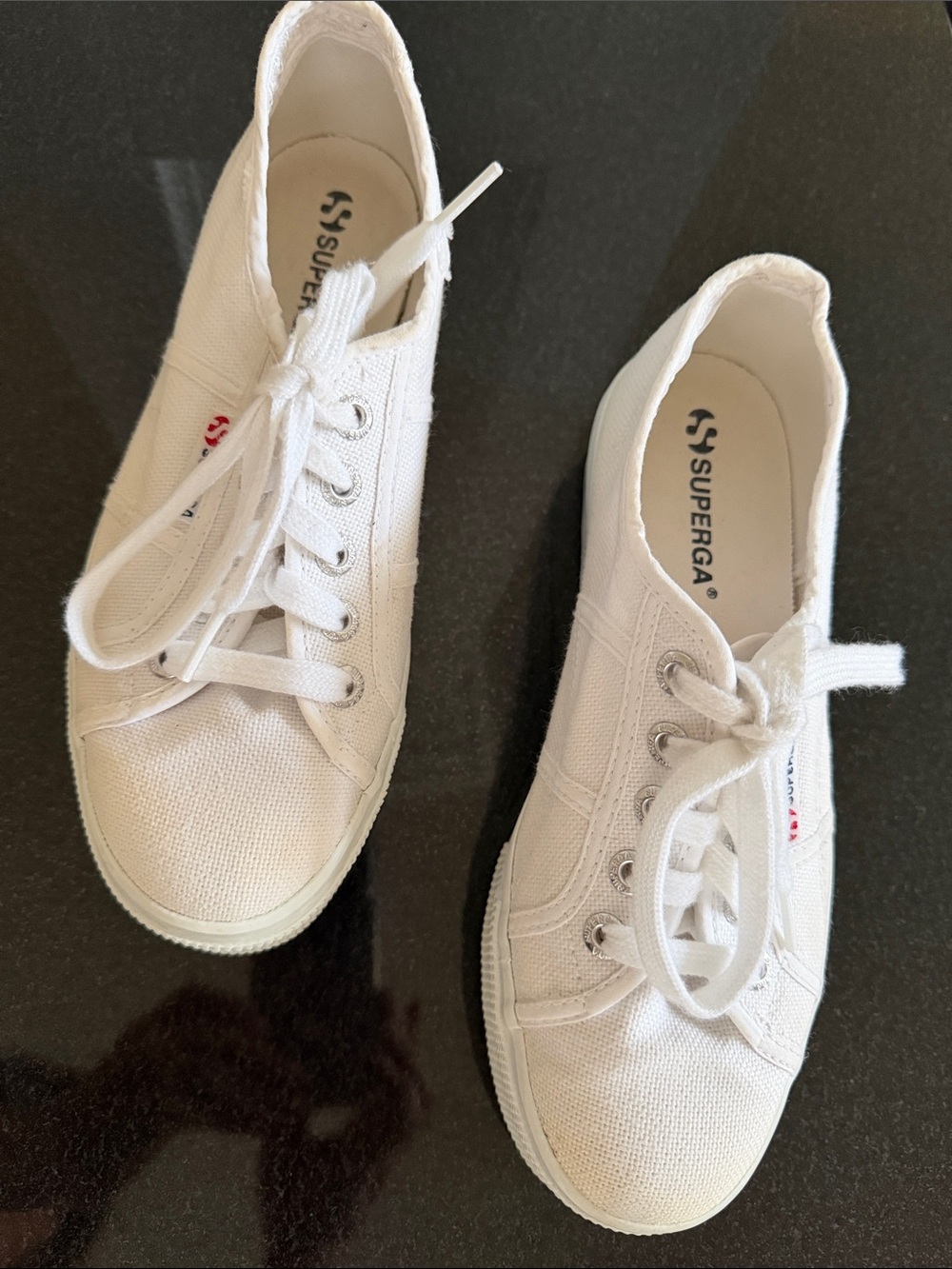 Superga White Low-Top Canvas Sneakers with platform marked 37.5 and says USA 7.